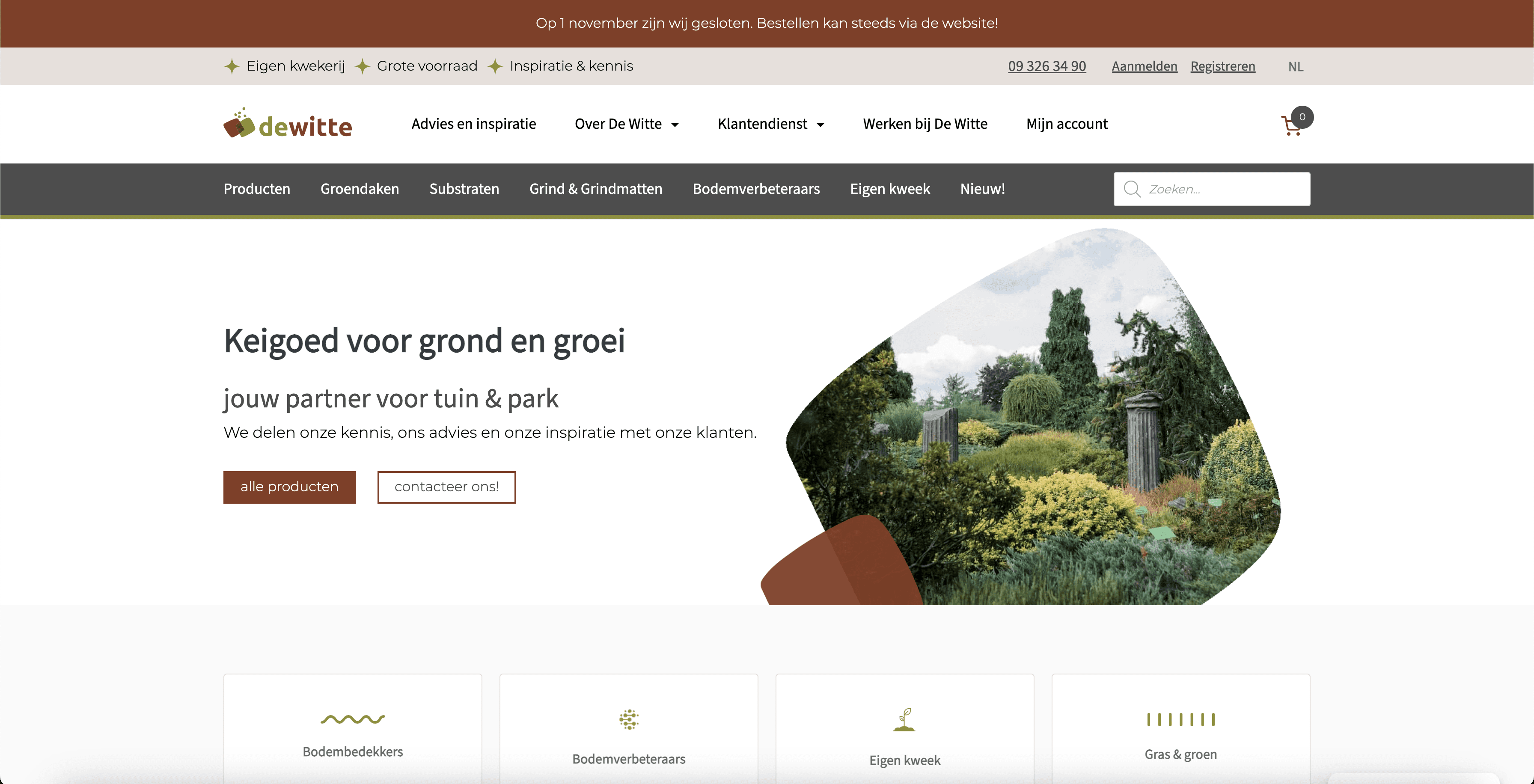 Homepagina van custom webshop van De Witte