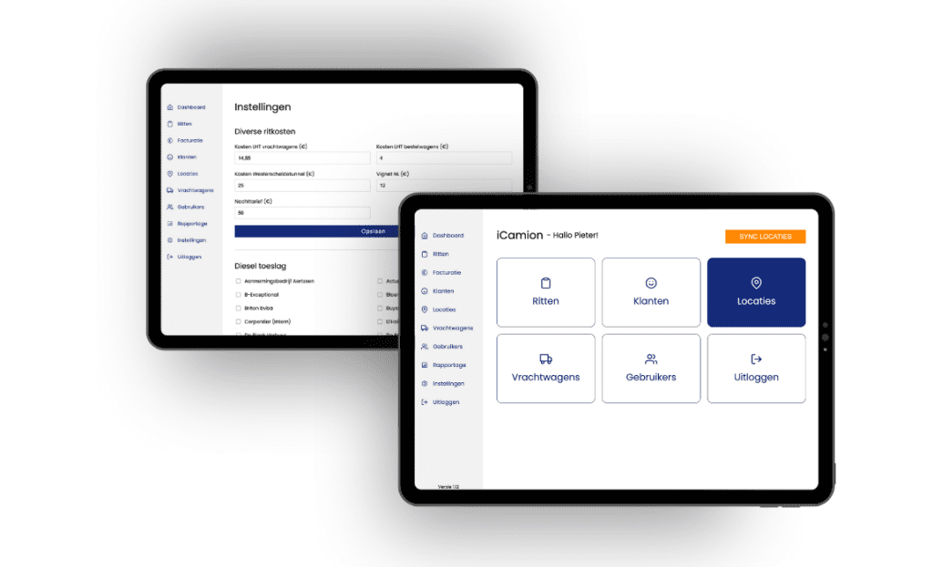 iCamion-dashboard met route-informatie en klantgegevens