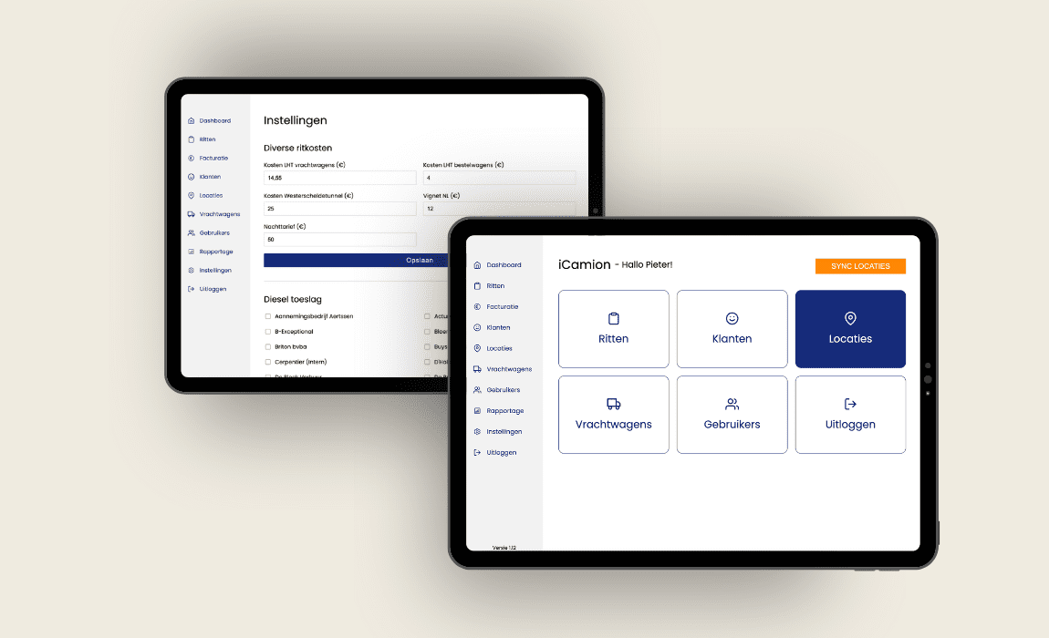 iCamion-dashboard met route-informatie en klantgegevens